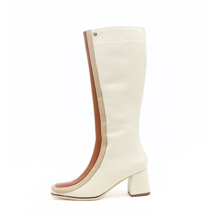 Multicolor Square Toe Block Heels Fashion Zipper Up Knee Boots |FSJ Shoes