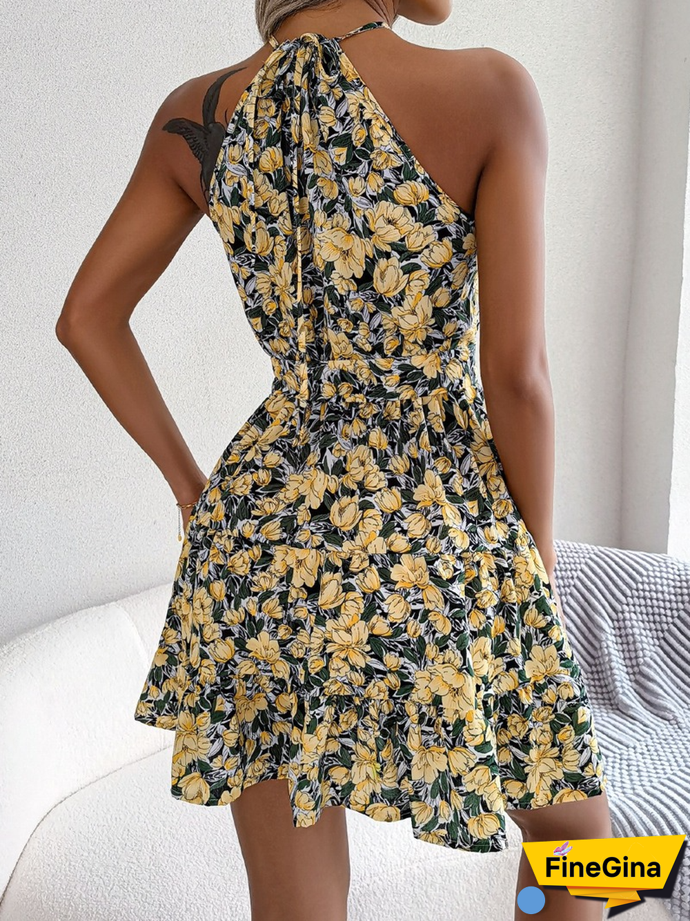 Elegant Floral Print Halter Dress For Women Summer Dresses New Casual Lace-up Ruffled High Waist A-line Mini Dress