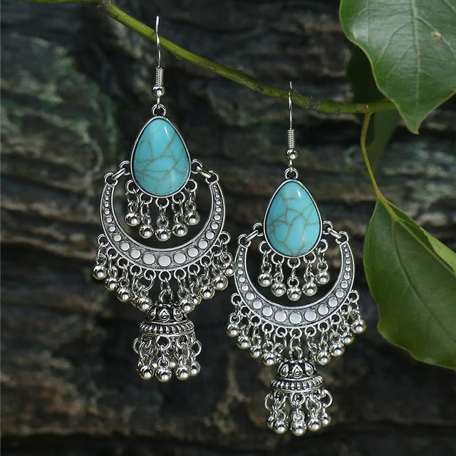 Silver Boho Earrings with Bells and Opal