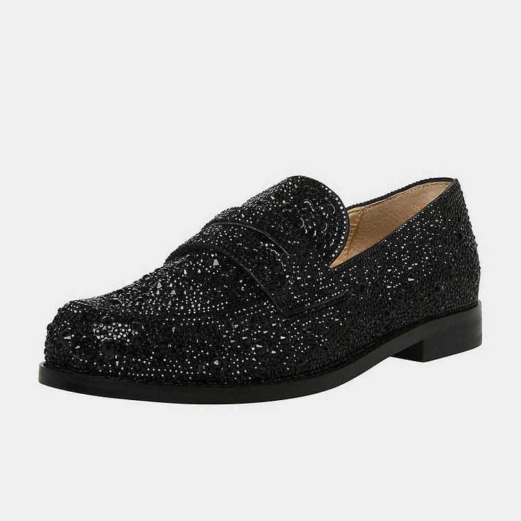 Black Slip-On Round Toe Rhinestone Embellished Women's Loafers |FSJ Shoes
