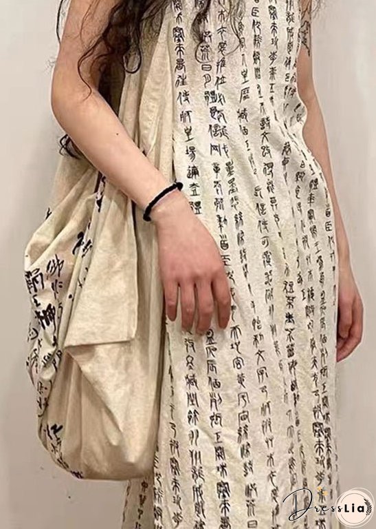 Retro Beige Stand Collar Print Side Open Cotton Dress Sleeveless