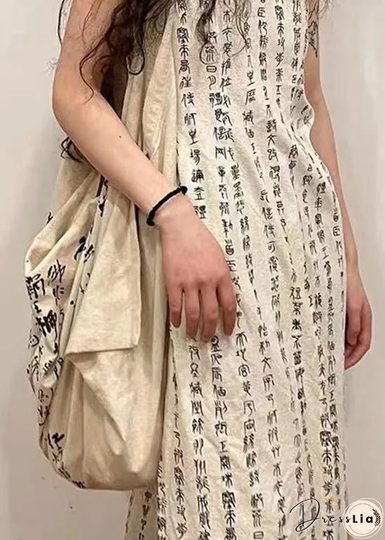 Retro Beige Stand Collar Print Side Open Cotton Dress Sleeveless