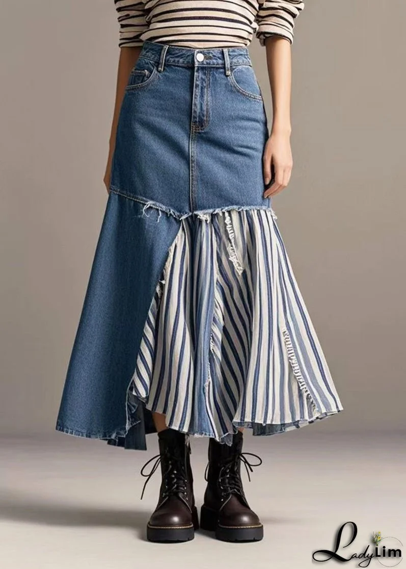 French Navy Asymmetrical Patchwork Striped Denim Skirt Spring