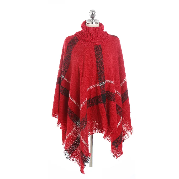 Pullover turtleneck loop yarn large plaid faux cashmere shawl
