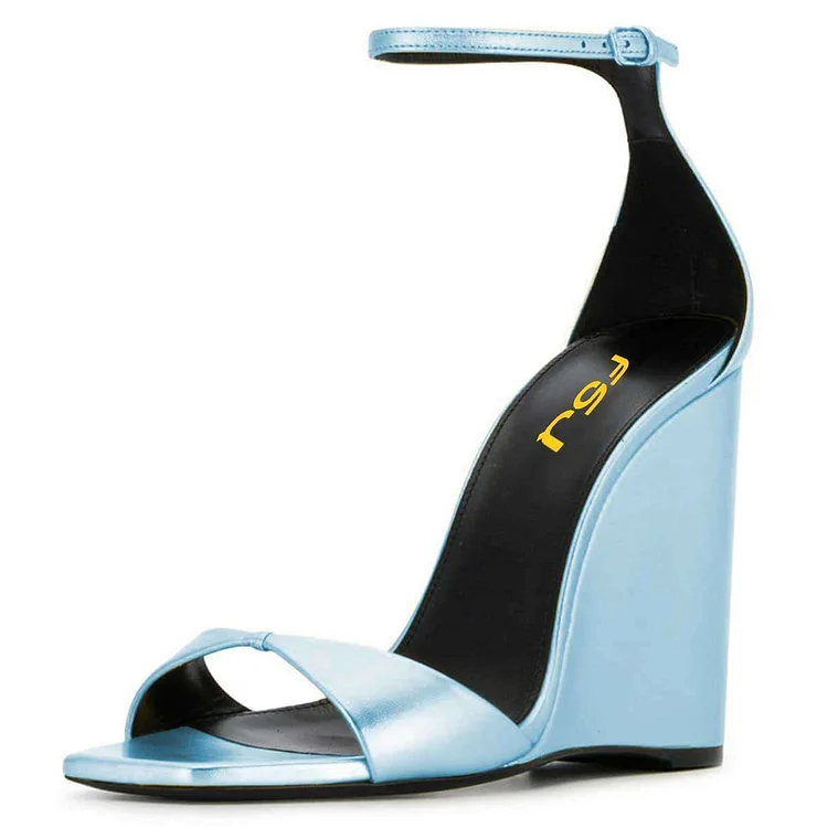Light Blue Ankle Strap Wedge Sandals |FSJ Shoes
