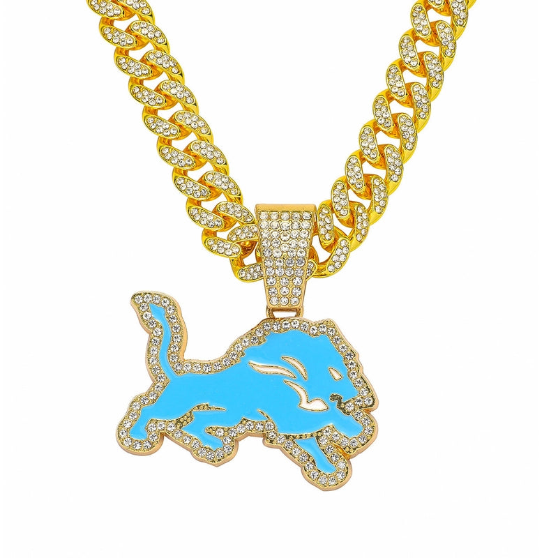 New Animal Full Diamond Blue Wolf Necklace High Quality Fashion Alloy Rhinestone Male Trendsetter Cool Cuban Link Chain