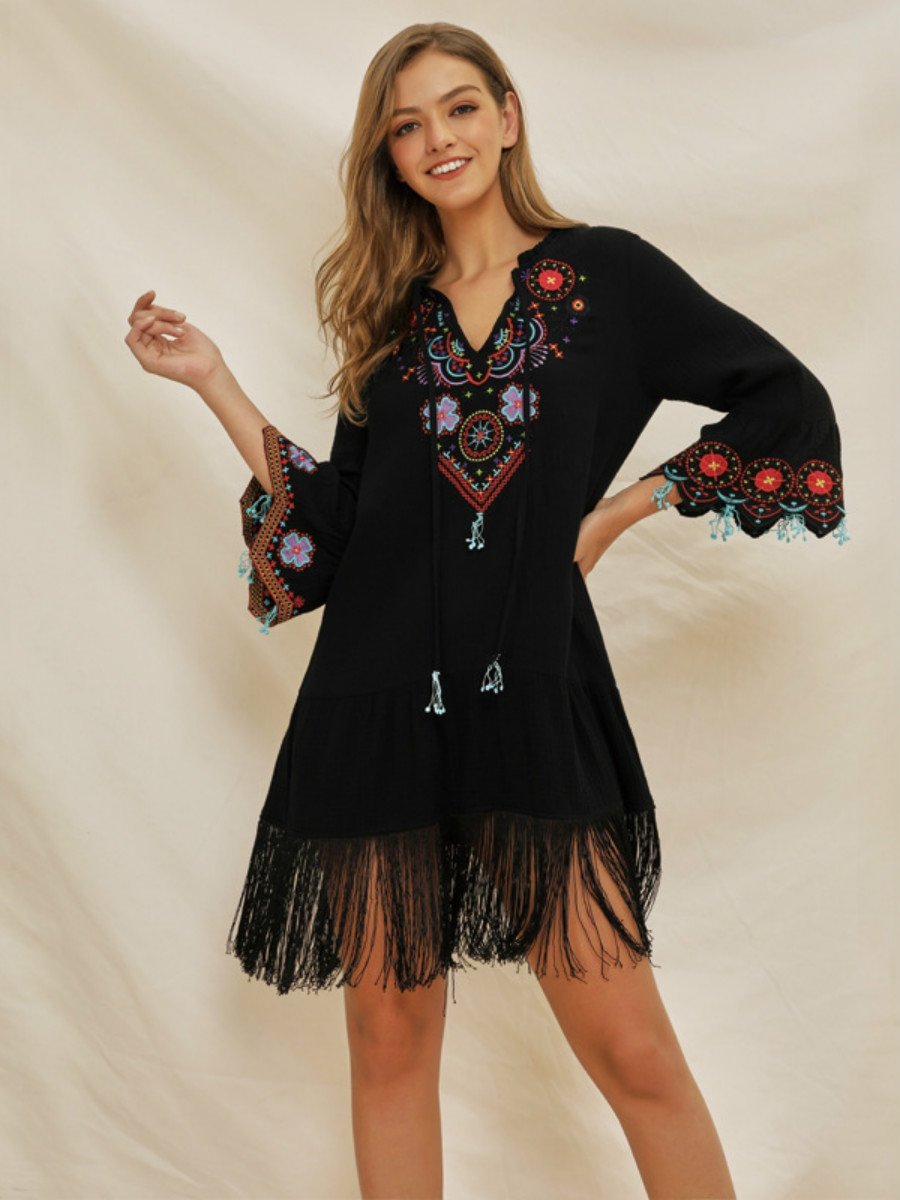 Women's lace up V-neck flared sleeve ethnic embroidery bohemian dress