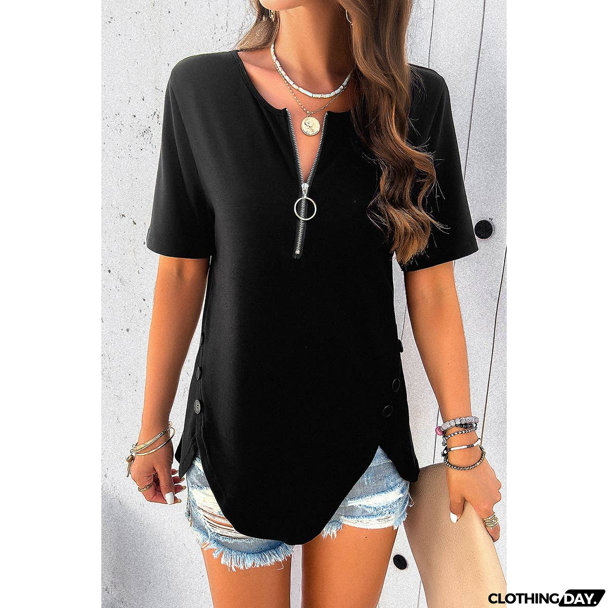 Half Zipper Button Trim Asymmetrical Hem Fit Top