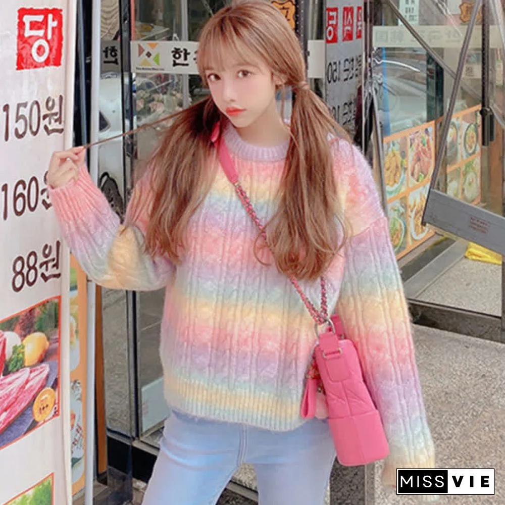 Rainbow Gradient Stripe Loose Sweater