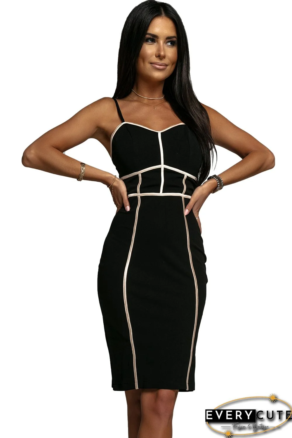 Black Color Block Spaghetti Straps Bodycon Dress