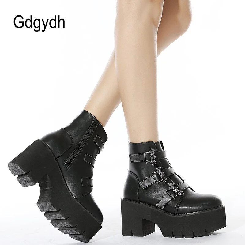 Gdgydh Metal Decoration Bat Demonia Boots Women Platform Heels Black Gothic Ankle Strap Belt Buckle Ladies Short Boots Plus Size