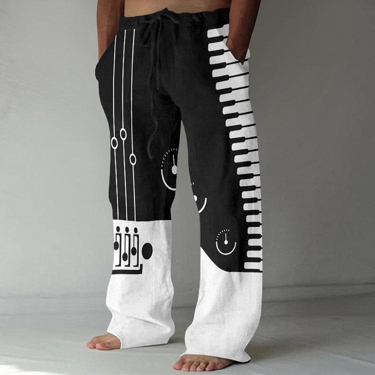 BrosWear Black And White Line Art Music Print Casual Pants