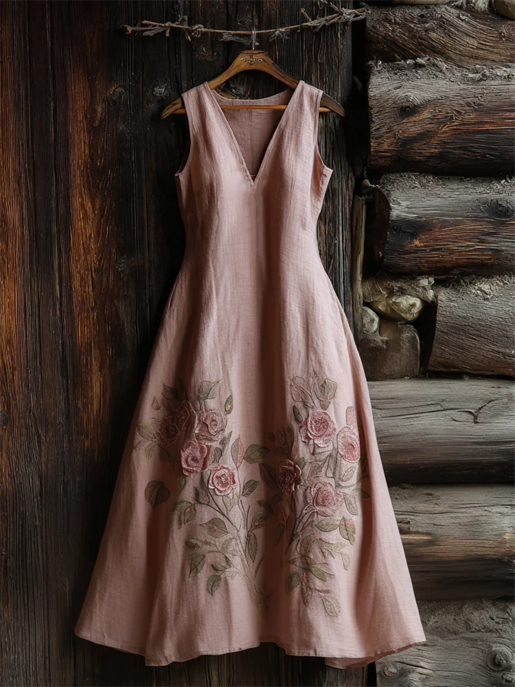 Classy Pink Roses Embroidered Linen Maxi Dress