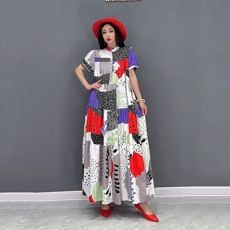 Chiffon Contrast Color Stand Collar Art Printed Asymmetrical Splicing Dress      