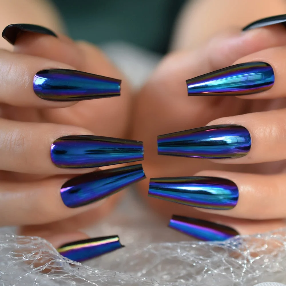Short Midi Coffin Nails Chrome Mirror Fake Nails Set Metallic Press On Nails Medium Length Bead Luster Shiny Rainbow Nail Tips-Nail Inspo