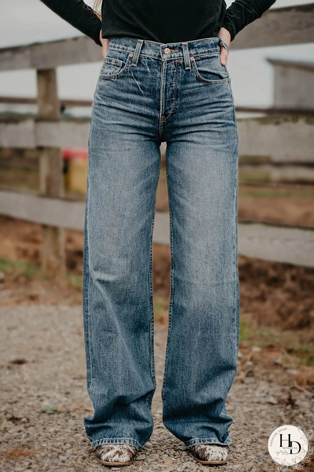 Buttoned High Waist Wide Leg Jeans