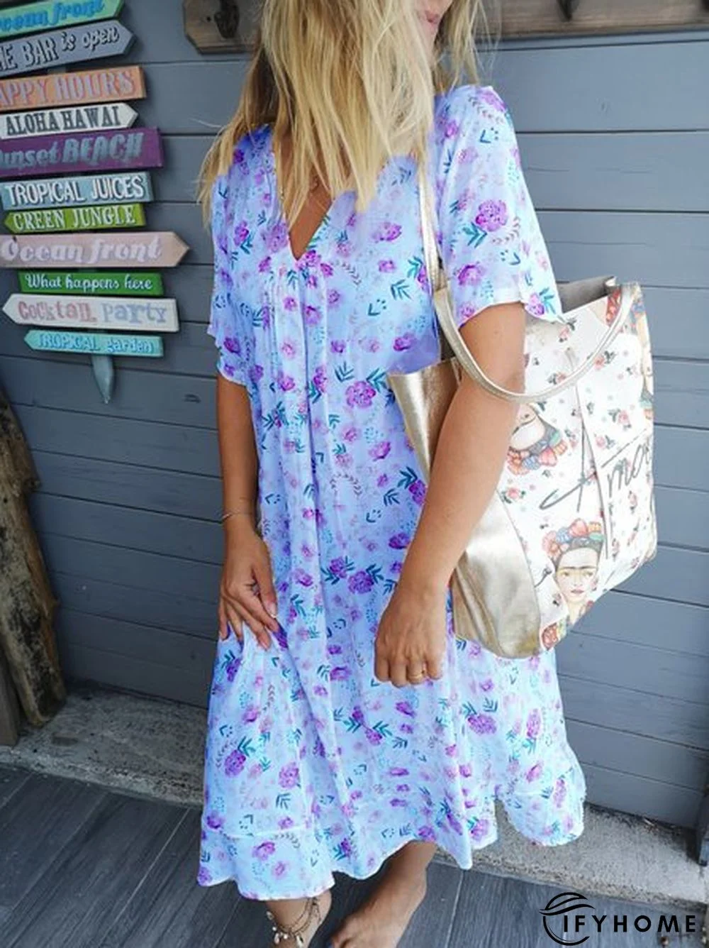 Short Sleeve V Neck Casual Floral Weaving Dress | IFYHOME