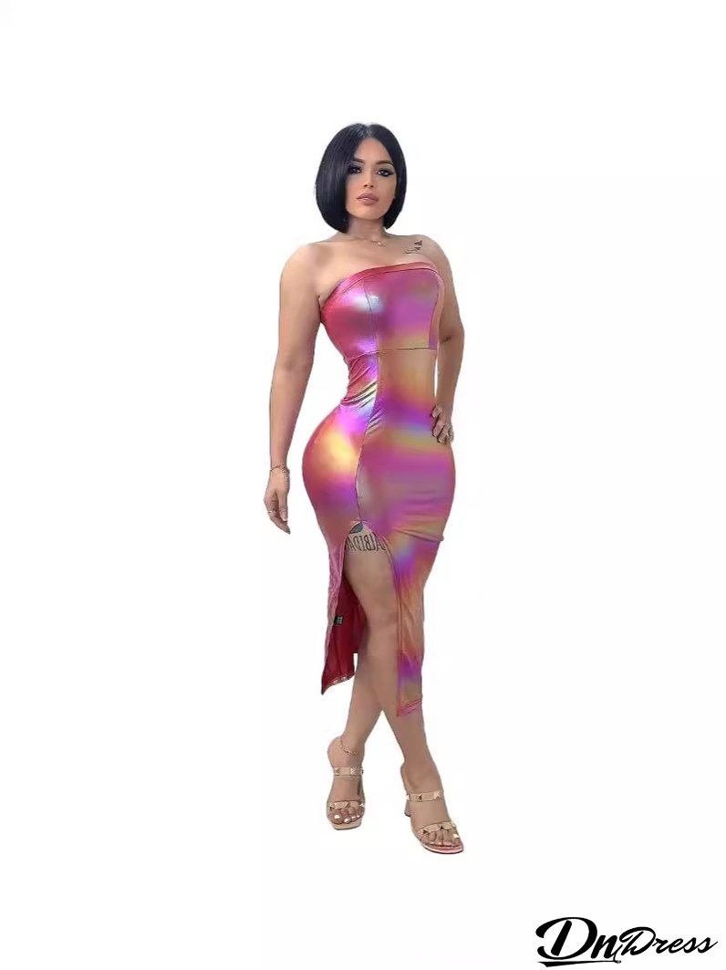 Women Clothing Features Shiny Gradient Pu-Leather High Slit Chest Wrap Dress
