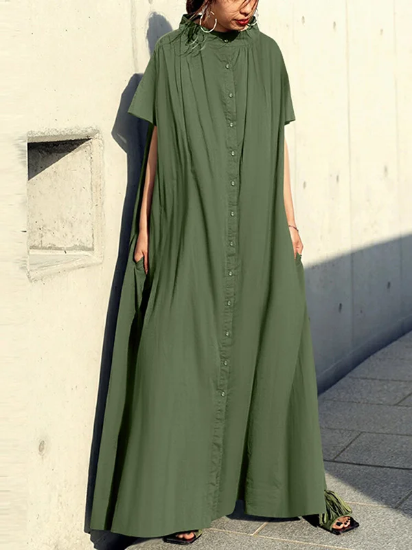Urban Solid Color Split-Joint Pleated Short Sleeves Stand Collar Maxi Dress