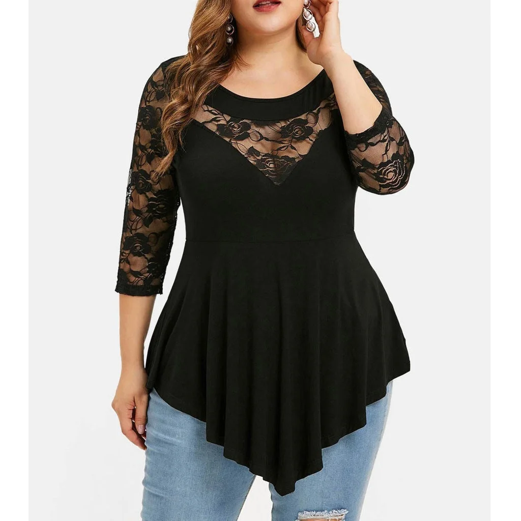 Plus Size 5XL Floral Lace Hollow Out Sexy Tunic Blouse Shirt Women Spring Autumn Big Size Tops Ruffles Irregular Blusas