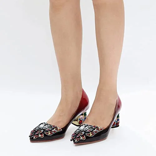 Patent Leather Red Shaded Butterfly Rhinestone Embellished Pumps 