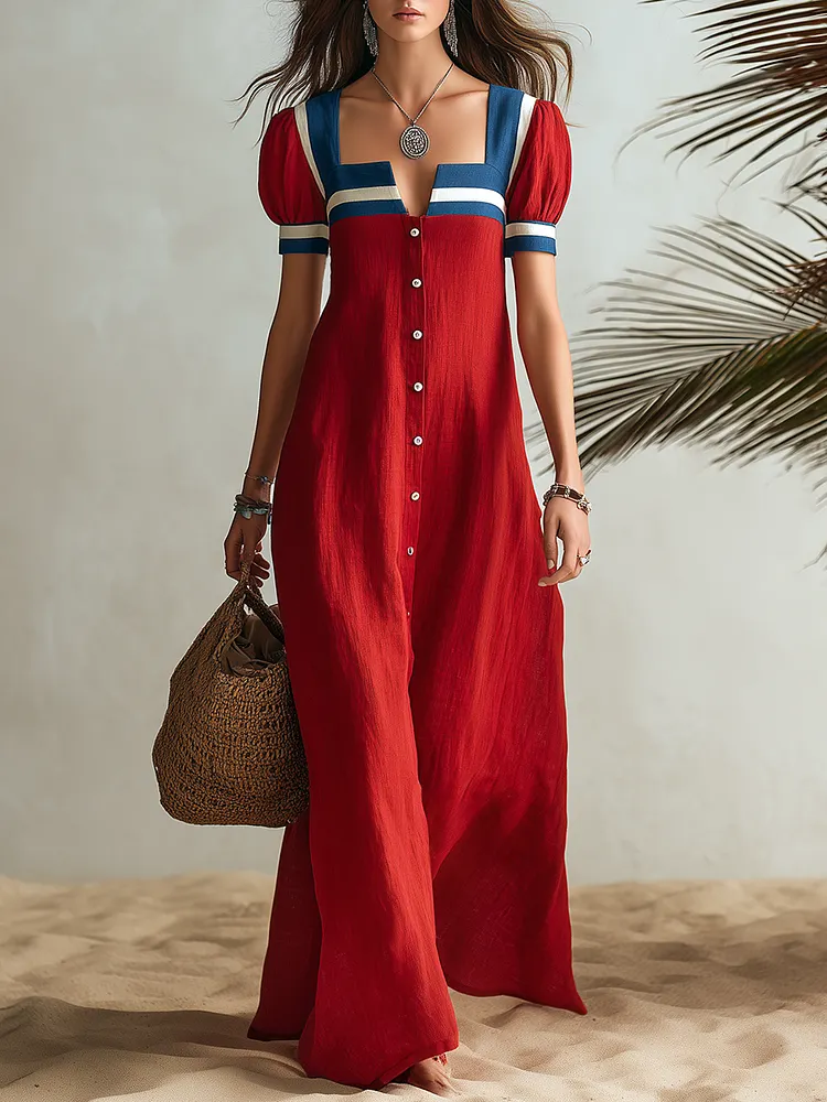 Vacation-style Short-sleeve Square-neck Button-front Maxi Dress