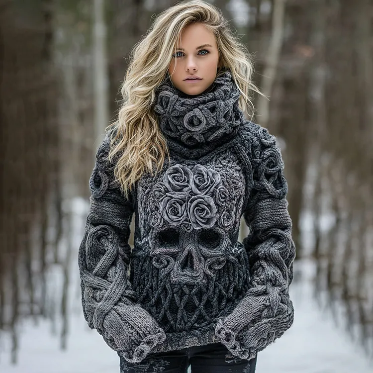 Women's Vintage Rose Skull Jacquard Chunky Knit Ombre Turtleneck Sweater