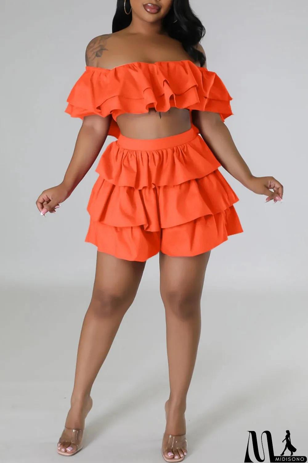 MidiSono - Rose Red Sexy Casual Solid Patchwork Backless Off the Shoulder Short Sleeve Two Pieces