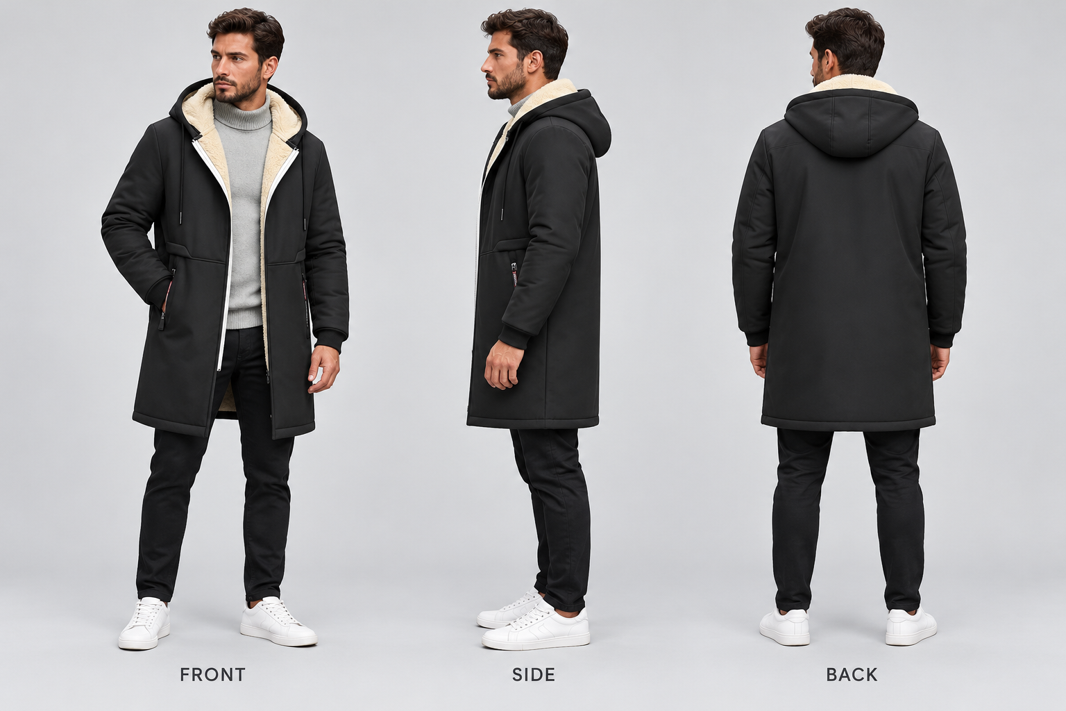 Men's long hooded faux shearling-lined winter coat shown front, side and back on a model