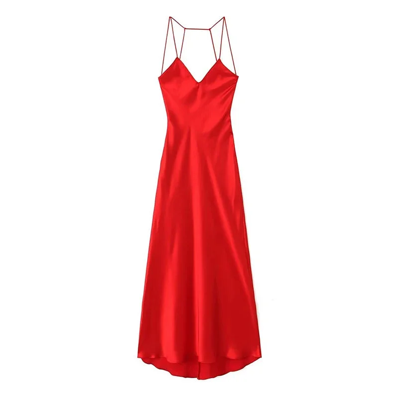 Tlbang Women Sexy Backless Satin Red Sling Long Dress Christmas Party Vestidos