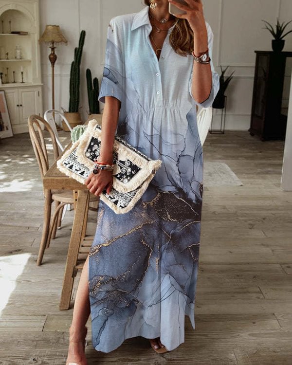 Elegant Resort Marble Shirt Button Mid Sleeve Dress