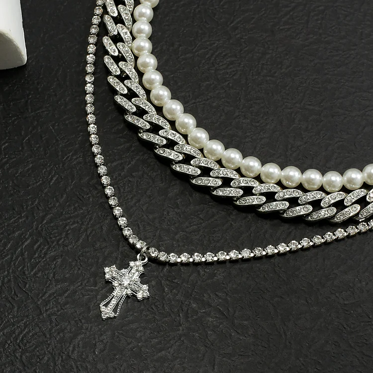 Trendy Stacking Pearl Cross Necklace