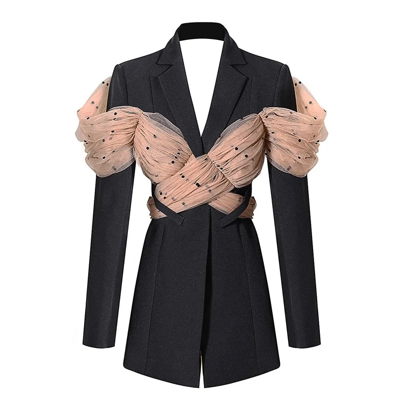 Toloer Casual Patchwork Dot Mesh Blazer For Women Notched Long Sleeve Backless Blazers Female Fashion New Clothing 2022
