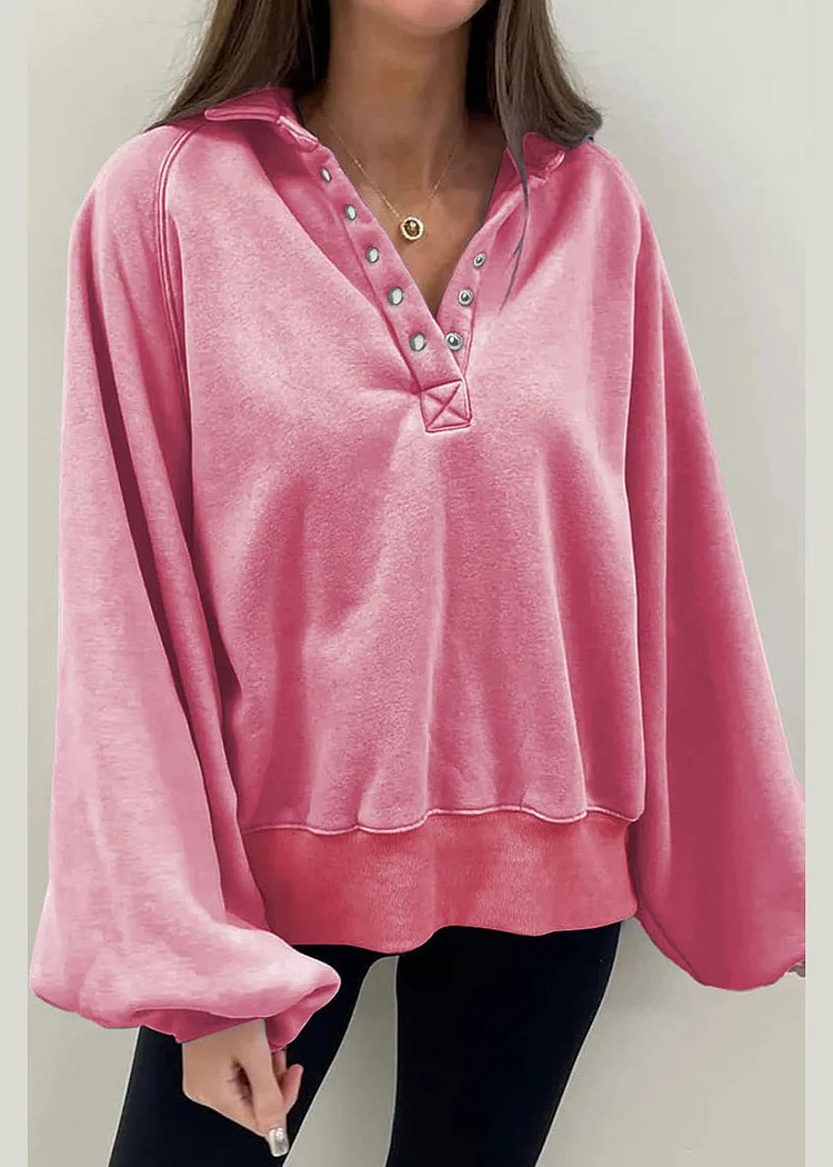 Casual Pink Peter Pan Collar Cotton Sweatshirt Lantern Sleeve