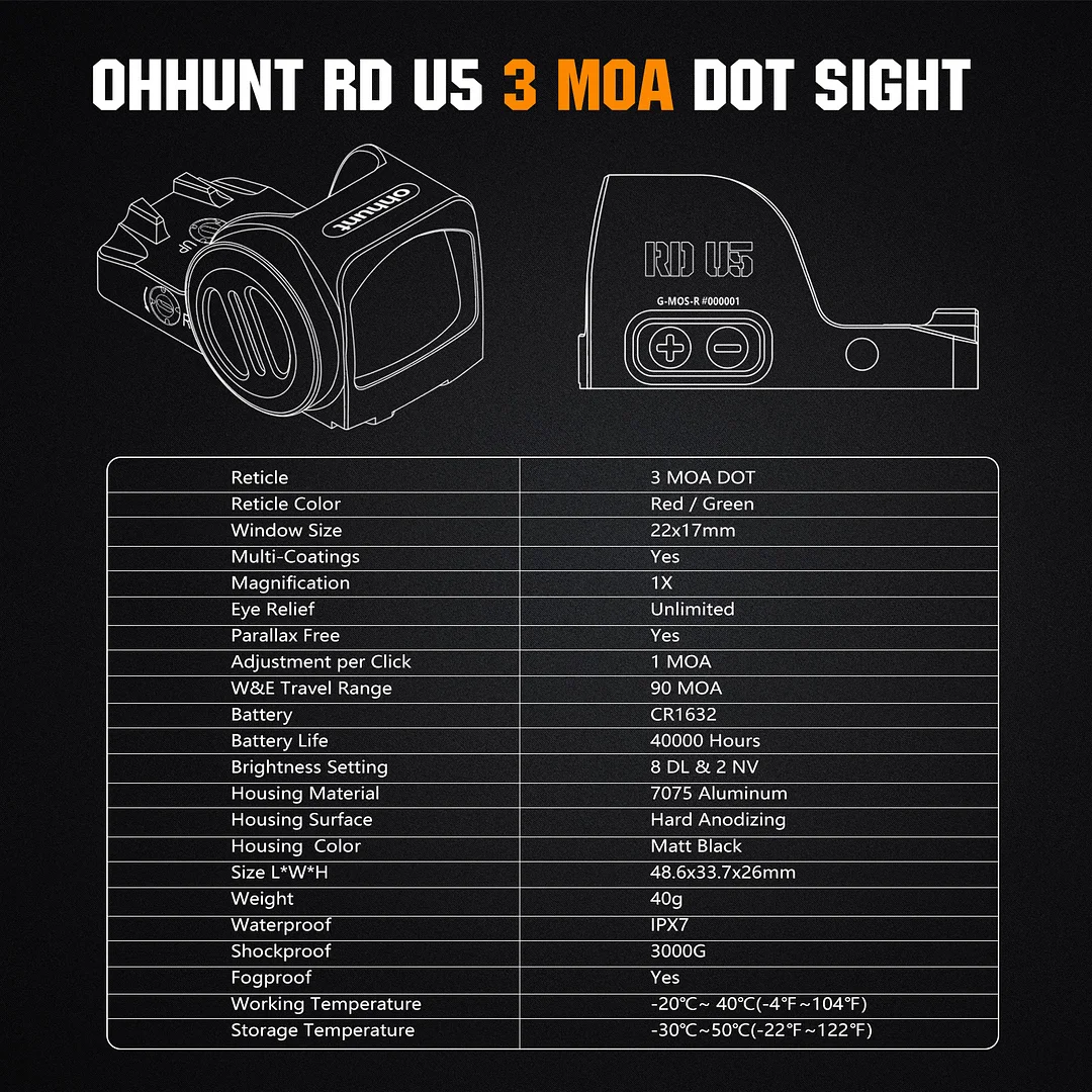 ohhunt&reg; 3 MOA Green Dot Reticle Open Reflex Sight 7075 Aluminum 3000G Shockproof Shake Awake Sight Compatible with Full-Size Glock MOS Systems