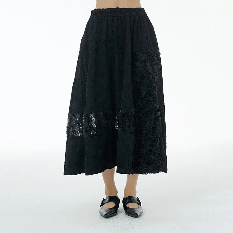 Elegant Black Embossing Patchwork Irregular Three-dimensional Rose Splicing Mesh Skirt