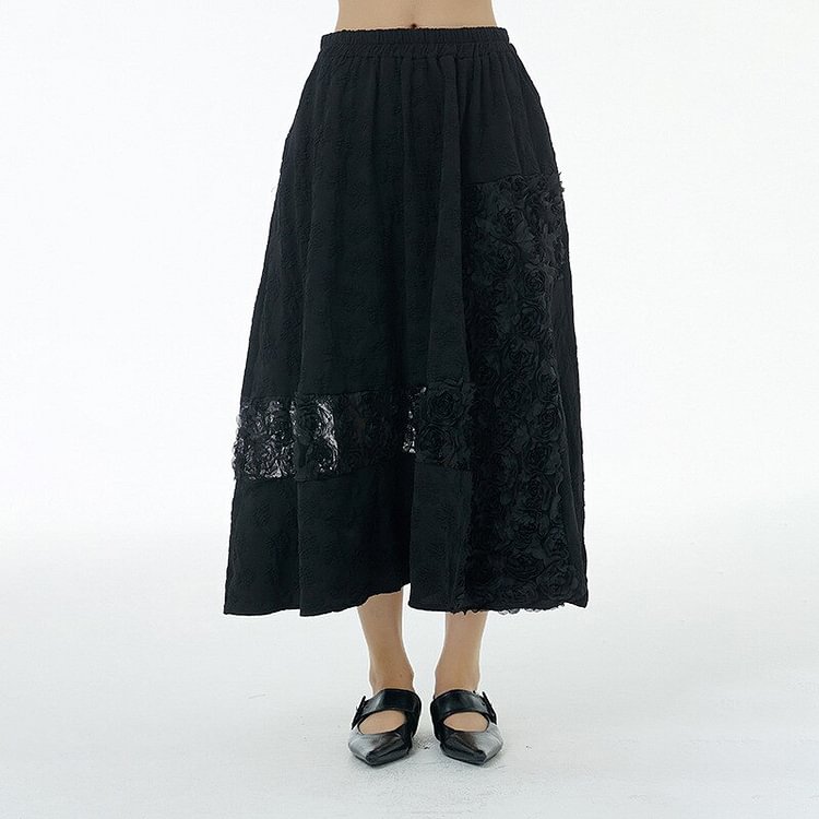 Elegant Black Embossing Patchwork Irregular Three-dimensional Rose Splicing Mesh Skirt 