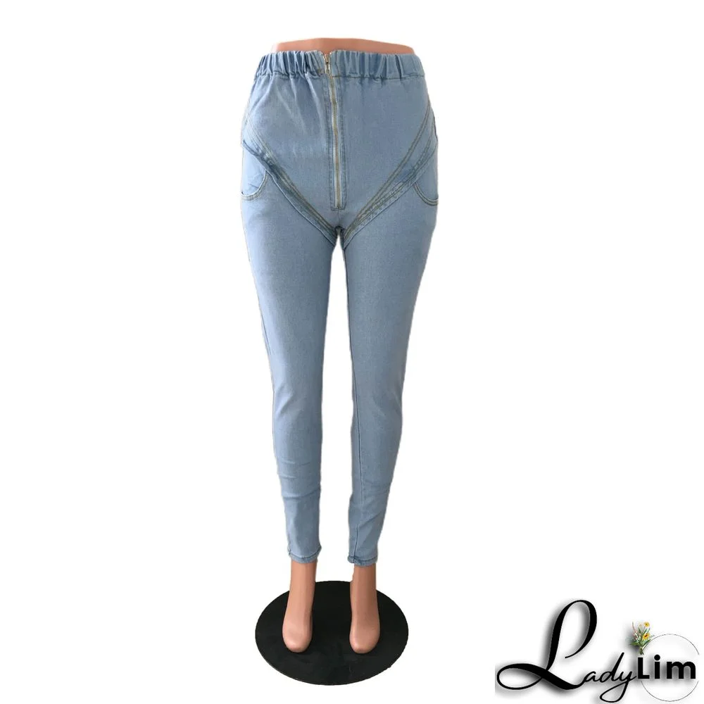 Solid Color Zipper Stretch High-rise Jeans