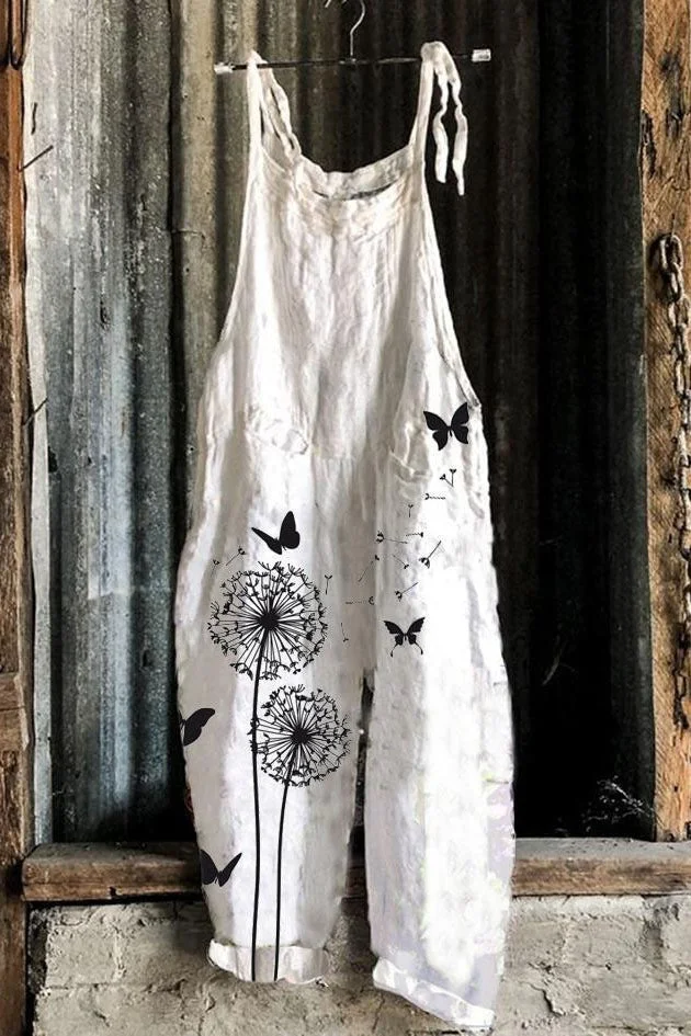 Brownm Summer Slub Linen Vintage Print Wide Dresses