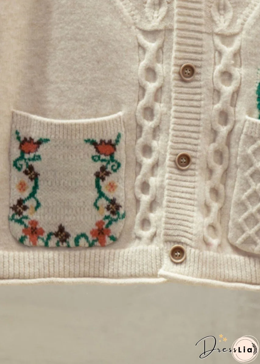 Natural Yellow V Neck Floral Cotton Knitted Waistcoat Fall