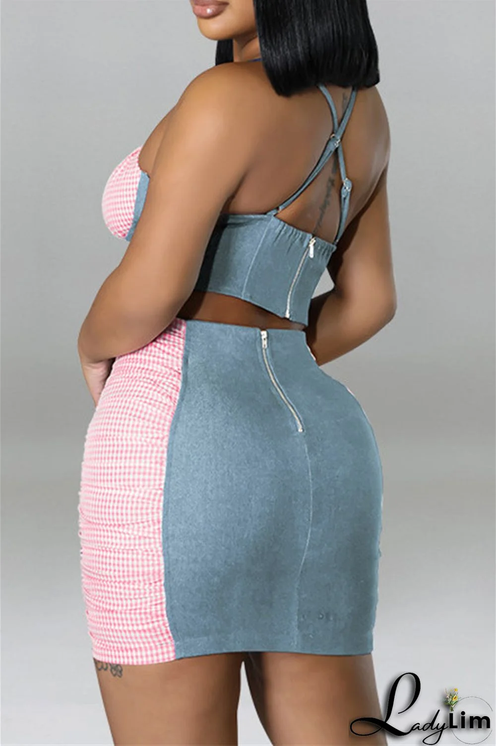 Black Fashion Sexy Plaid Patchwork Backless Asymmetrical Spaghetti Strap Sleeveless Two Pieces