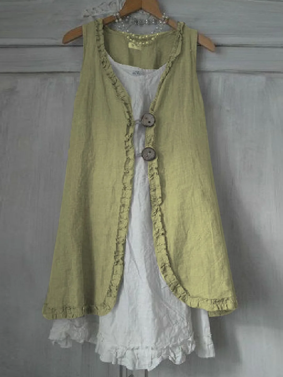 Buttoned Ruffled Sleeveless Linen Solid Shirts & Tops | IFYHOME