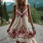 Vintage Boho Pink Rose Embroidery Art Cozy Linen Mini Dress - Image 2