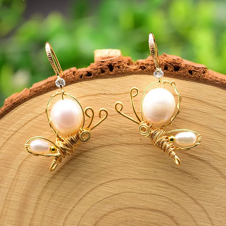 Butterfly Design Natural Baroque Pearl Earrings