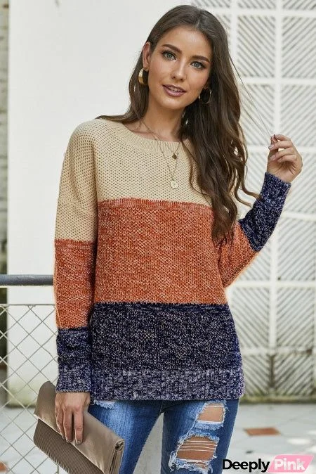 Brown Color Block Netted Texture Pullover Sweater