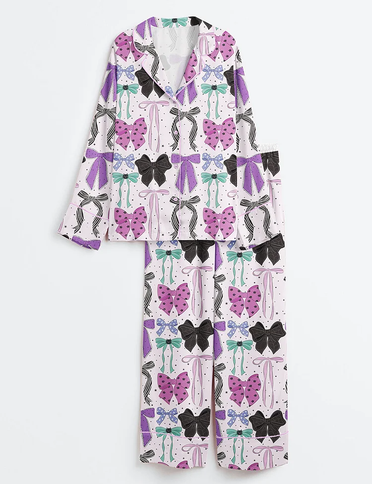 Women&rsquo;s Halloween Purple Bows Black Cat Coquette Girly Purple And Teal Print Long Sleeve Satin Pajama Set