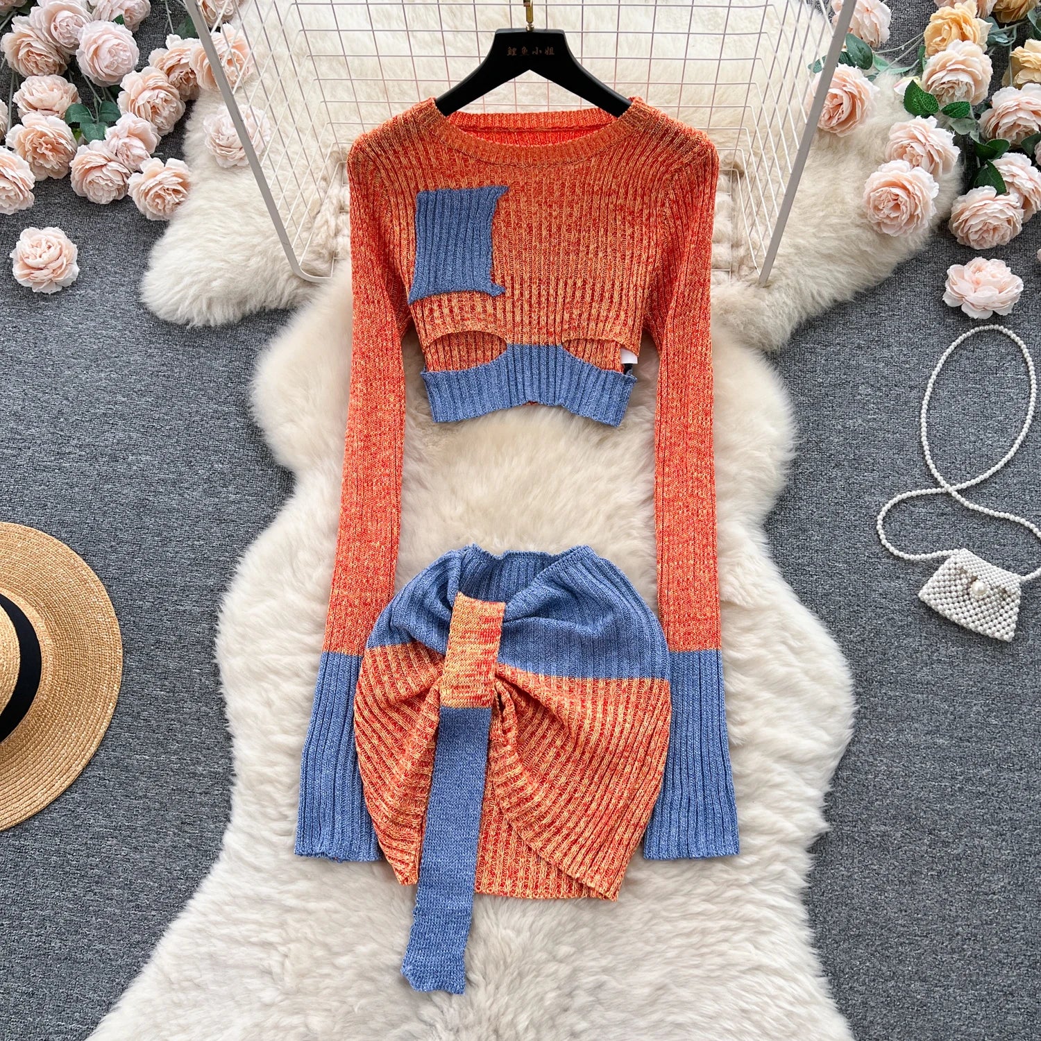Aiertu Autumn Patchwork Knitted Two Pieces Sets Long Sleeves Hollow Out Slim Pullover+Mini Skirt Fashion Y2K Sweater Suits Aiertu