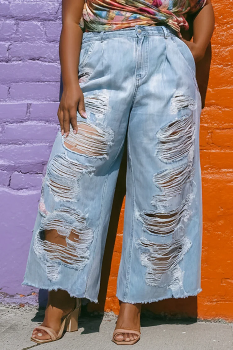 Xpluswear Design Plus Size Party Light Blue Distressed Pocket Denim Jeans [Pre-Order] 2024 - Xpluswear