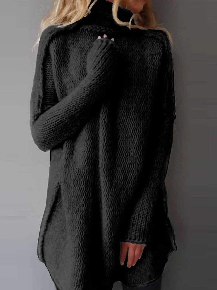 Daily Turtleneck Long Sleeve Slit Pullover Loose Sweater