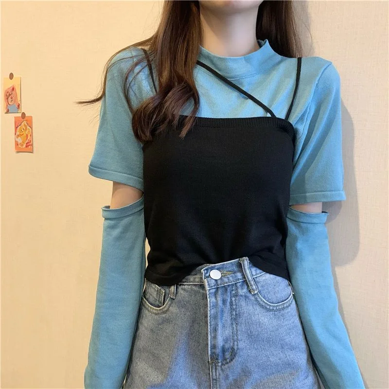 Toloer Toloer 2024 New Korean Wind Detachable Sleeve Knit T-Shirt Knit Sling Vest Wearing A Suit Schoolgirl-Outfit Ideas